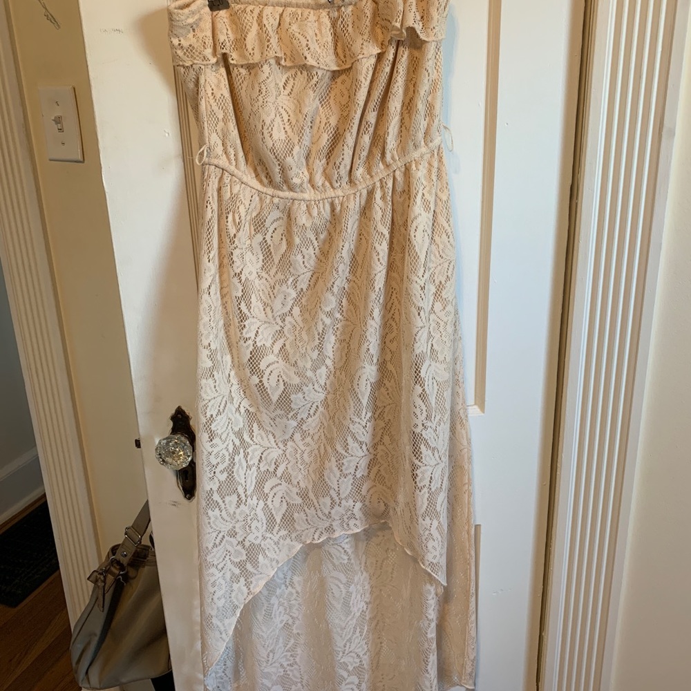 Strapless, lacy hi-low dress